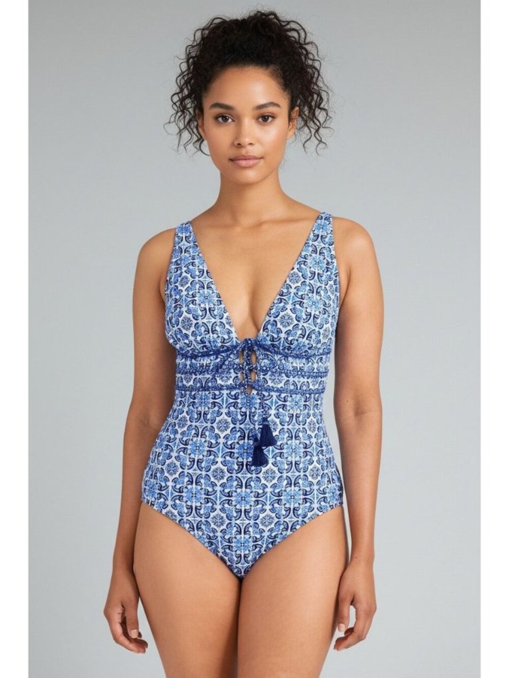 Tommy Bahama Terrazzo Tile Tie Front One Piece Swimsuit, Palace Blue, Sz. 8
